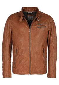 Brun læderjakke med lynlås foran, opretstående krave og to sidelommer. Har tekstureret materiale og diagonal lynlåslomme detalje.