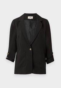 Zwarte blazer met een enkele knoopsluiting, inkeping bij de revers en twee voorkruiszakken. Voorzien van opgerolde mouwen en een gladde binnenvoering.