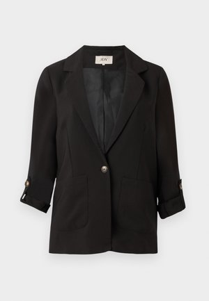 Czarny żakiet z zapięciem na jeden guzik, z klapami i dwoma przednimi kieszeniami. Posiada podwinięte rękawy oraz gładką podszewkę.