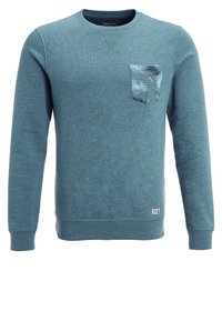 Felpa da uomo in tessuto teal con collo rotondo, maniche lunghe e una tasca sul petto decorata con un motivo a foglie.