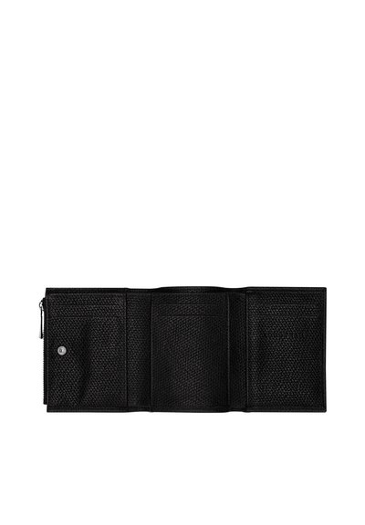 Black leather wallet with a textured surface, featuring multiple card slots, a snap closure, and a zippered compartment.