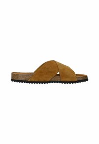 Bruine suède slide-sandalen met kruisbandjes, kurken tussenzool en textuur zwarte rubberen buitenzool. Klassiek, minimalistisch ontwerp voor comfort.