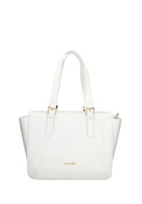 Borsa a spalla in pelle bianca con dettagli in oro, caratterizzata da cuciture curve e due manici robusti per un facile trasporto.