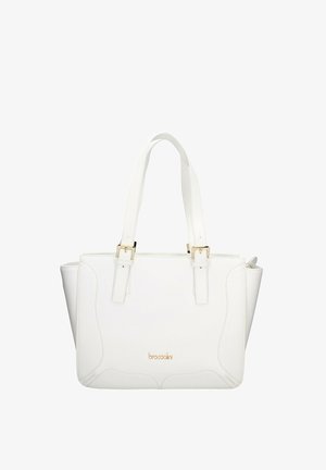 Borsa a spalla in pelle bianca con dettagli in oro, caratterizzata da cuciture curve e due manici robusti per un facile trasporto.