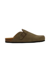 Zoccolo in suede beige con soletta in sughero, suola in gomma nera e cinturino laterale regolabile. Superficie liscia e design con punta arrotondata.