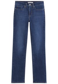 Mörkblå rakbenade jeans gjorda av denim, med fem fickor, bältesslingor och knäppning med knapp; lätt blekning synlig.