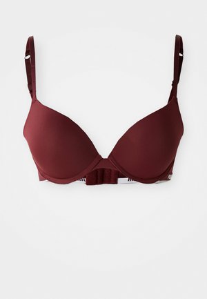Burgundy push-up bra made of smooth fabric, featuring padded cups, adjustable straps, and a textured hook-and-eye closure at the band.