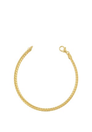 Gold geflochtenes Kettenarmband mit Karabinerverschluss vor weißem Hintergrund.