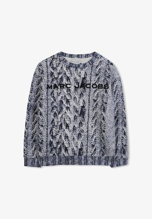 Pull en maille bleu marine et blanc avec un motif en côtes, col rond, et logo "MARC JACOBS" en noir sur le devant. Manches longues.