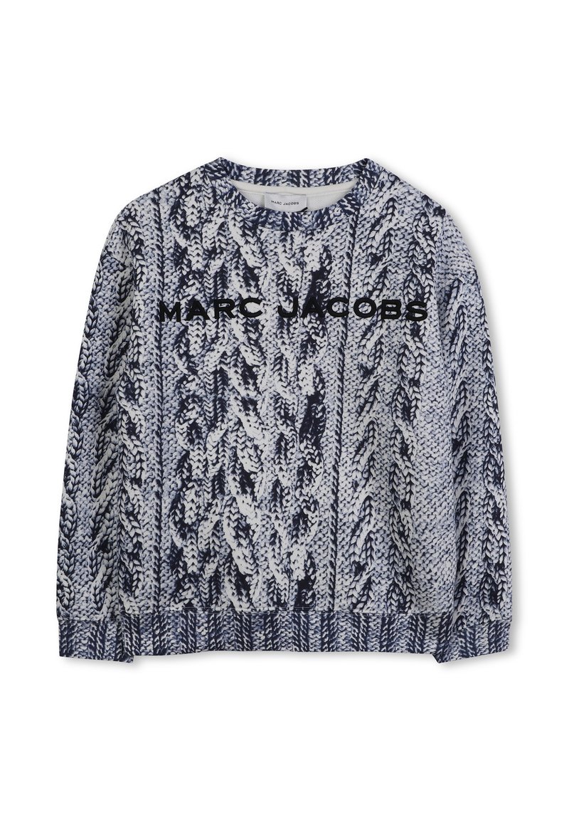 Gebreide trui in marineblauw en wit met een kabelpatroon, ronde hals en het "MARC JACOBS" logo in zwart op de voorkant. Lange mouwen.