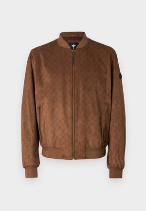 Braune Bomberjacke mit strukturiertem Muster, Reißverschluss vorn, gerippten Bündchen und Saum sowie seitlichen Reißverschlusstaschen. Mit einem Logopatch am Ärmel.