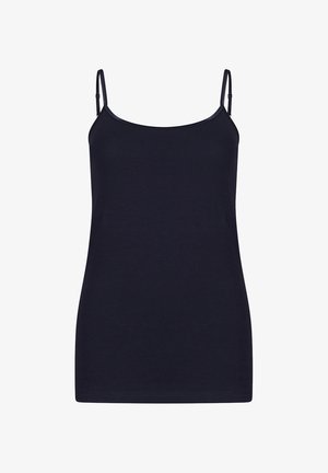Débardeur bleu marine avec des bretelles fines et ajustables, fabriqué en tissu doux et lisse. Présente une encolure droite et une coupe ajustée.