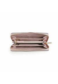 Portafoglio con zip in morbido pelle rosa, dotato di numerosi slot per carte, una tasca centrale con zip e una fodera interna di colore a contrasto. Dettagli in ottone dorato.