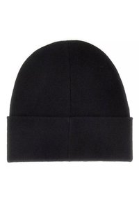 Bonnet noir avec une forme simple et arrondie, doté d'un revers replié. Fabriqué en tissu doux, il présente une texture lisse sans motifs supplémentaires.