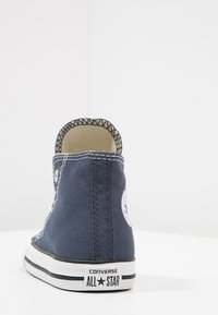 Hög canvas-sneaker i marinblått med svarta sömmar, en rund logotyp på plösen och en vit gummisula med "Converse All Star"-märke.