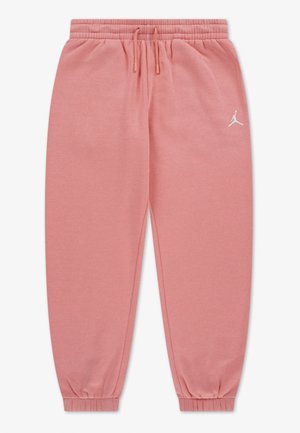 Pantaloni da jogging rosa con vita e polsini elasticizzati, coulisse e piccolo logo Jumpman bianco sulla parte superiore della coscia sinistra.