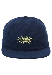 Gorra de pana azul marino con un diseño de sol bordado en amarillo con un ojo en el centro, copa redonda y visor plano.