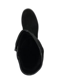 Black suede knee-high boot with a round toe, smooth interior lining, side zipper, and subtle stitching detail along the sole.