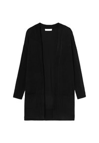 Cardigan long noir avec un devant ouvert, des manches mi-longues, deux poches avant et une texture lisse. Convient pour des looks en superposition.