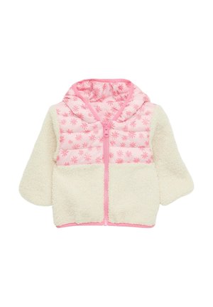 Peutertje jas met capuchon, crèmekleurige fleece mouwen en onderkant, roze doorgestikte bovenkant en capuchon met bloemenpatroon, vooraan ritssluiting.