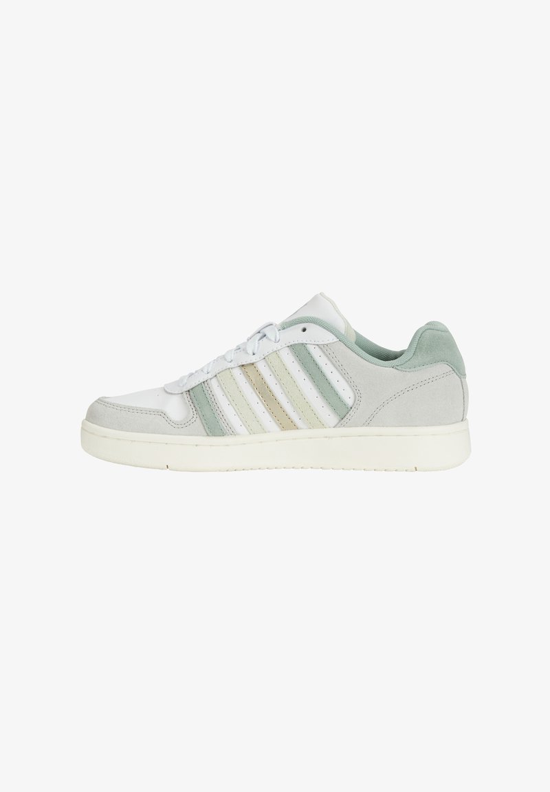 White and light green sneaker with suede and leather materials, featuring three diagonal stripes on the side, textured accents, and a rubber sole.