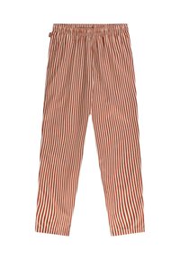 Pantaloni raiati cu talie elastica, avand dungi verticale inguste rosii si albe, fabricati dintr-un material usor.