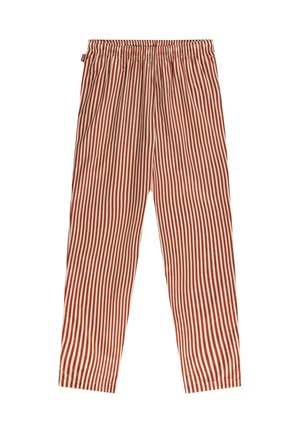 Striped pants with an elastic waistband, featuring narrow red and white vertical stripes, made from a lightweight fabric.