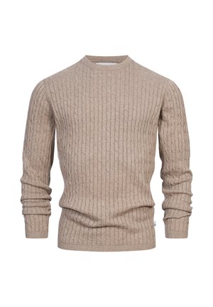Pull beige en maille côtelée avec un col ras du cou et des manches longues. Fabriqué à partir d'un matériau en tricot texturé ; présente un motif subtil et des poignets ajustés.