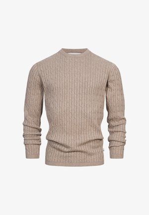 Pull beige en maille côtelée avec un col ras du cou et des manches longues. Fabriqué à partir d'un matériau en tricot texturé ; présente un motif subtil et des poignets ajustés.