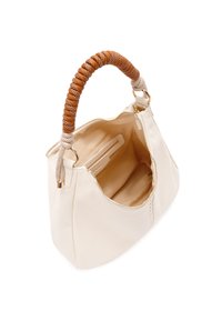 Borsa a tracolla bianca in pelle con manico intrecciato marrone dalla texture e accessori in oro, dotata di apertura con zip e un ampio interno.