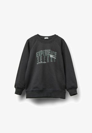 Sweat-shirt gris foncé avec un col rond et des manches raglan. Présente des graphismes textuels dans des polices variées, mettant en valeur "EXPERIENCE SEEKER".