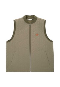 Sleeveless olive-green quilted vest with front zipper, ribbed collar and armholes, side pockets, and small orange embroidered logo on chest.