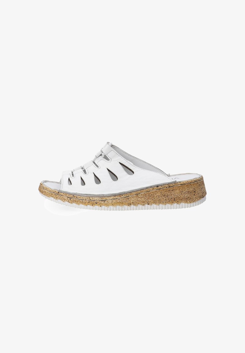 White slide sandals with cut-out detailing, braided jute-like sole, and a flat, textured rubber bottom for grip.