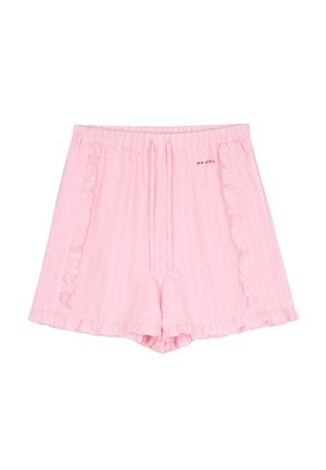 Pantalones cortos rosa claro con cintura elástica, cordón, rayas verticales sutiles, adorno fruncido en los laterales y el dobladillo, y texto pequeño "OH APRIL" en la parte delantera.