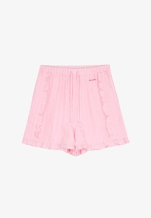 Jasnoróżowe szorty z elastycznym pasem, sznurkiem, pionowymi subtelnymi paskami, marszczoną lamówką po bokach i na dole oraz małym napisem "OH APRIL" z przodu.