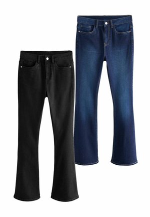 Zwei Paare von Schlaghosen: eines in mattem Schwarz, das andere in dunklem Jeansstoff, beide mit Vorderaschen und Knopfverschlüssen.