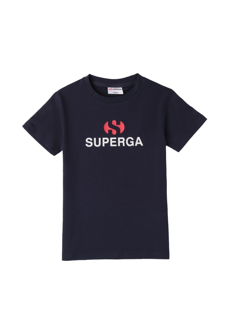 Camiseta de algodón azul marino de mangas cortas, con un gran logo rojo y blanco de "SUPERGA" impreso en la parte frontal.