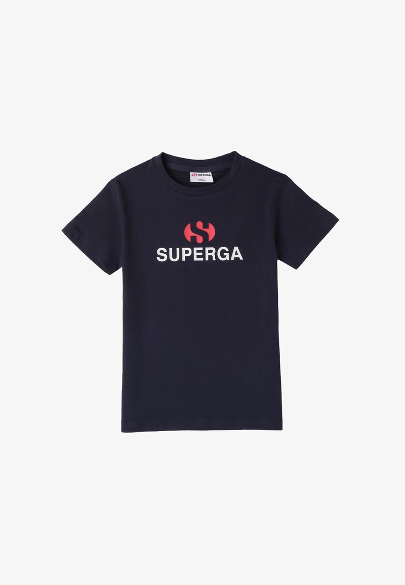 Camiseta de algodón azul marino de mangas cortas, con un gran logo rojo y blanco de "SUPERGA" impreso en la parte frontal.