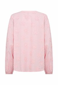 Lage roze blouse met lange mouwen van textuurstof met overal bloemrijke borduursels. Eenvoudige ronde halslijn en geplooide manchetten.