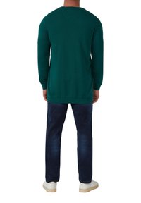 Grüner Strickpullover mit langen Ärmeln, runder Ausschnitt und lockerer Passform, kombiniert mit dunklen Jeans und weißen Sneakers.