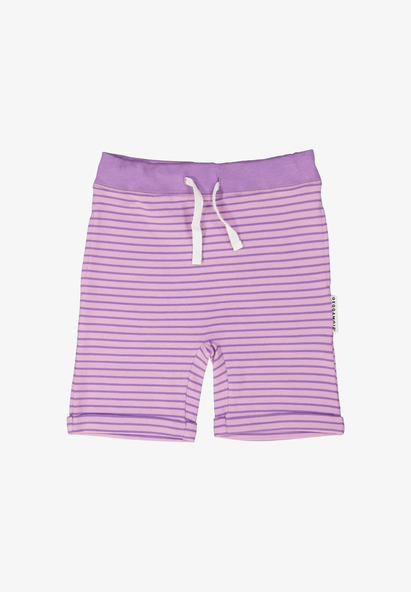 Lyylikankaan ja laventelin raidalliset shortsit pehmeällä tekstuurilla, jossa on violetti vyötärö ja valkoinen kiristyshoito. Sivulappu näkyvissä.