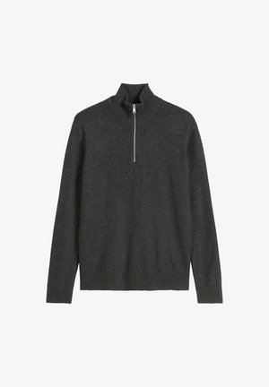 Maglione a collo alto di colore grigio scuro, lavorato a maglia, con zip a un quarto. Orlo e polsini a costine, realizzato in un tessuto misto lana testurizzato.