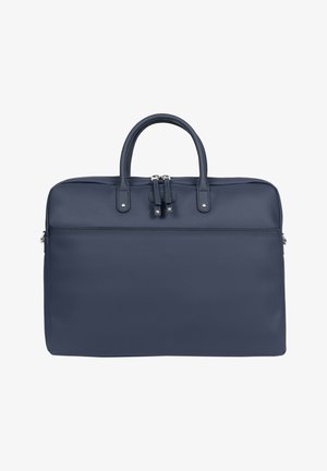 Marineblaue Laptop-Tasche aus strukturiertem Synthetikmaterial, mit doppelten oberen Griffen und einem Reißverschluss mit metallischen Akzenten.