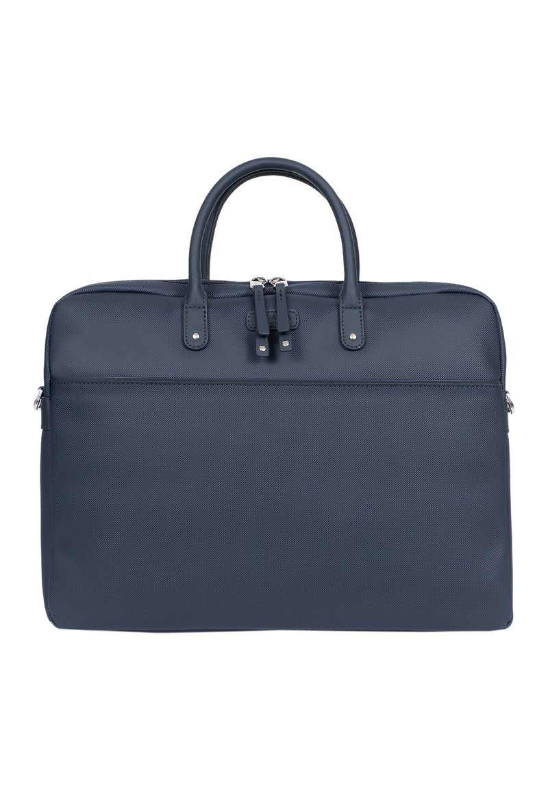 Navy blauwe laptoptas van gestructureerd synthetisch materiaal, met dubbele bovenhandvatten en een ritssluiting met metalen accenten.