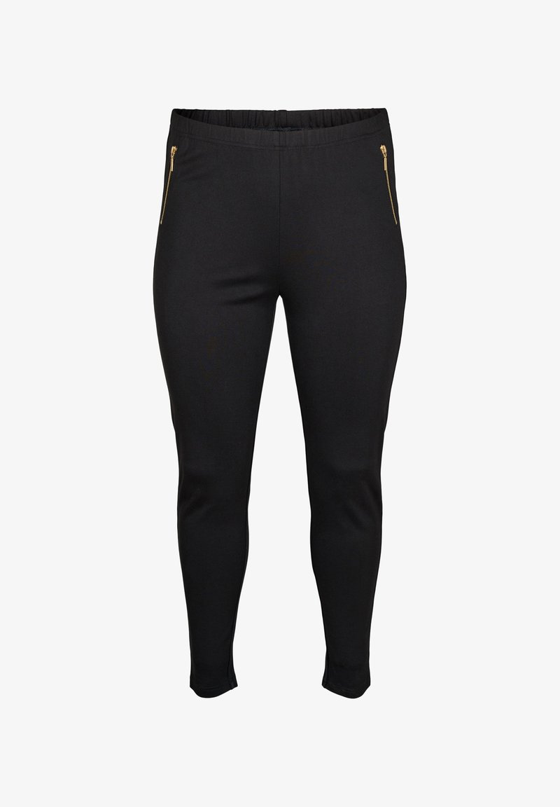 Črne raztegljive hlače z stranskimi žepi na zadrgo, z elastičnim pasom in oblikovanim krojem. Gladka tekstura, lahkoten material.