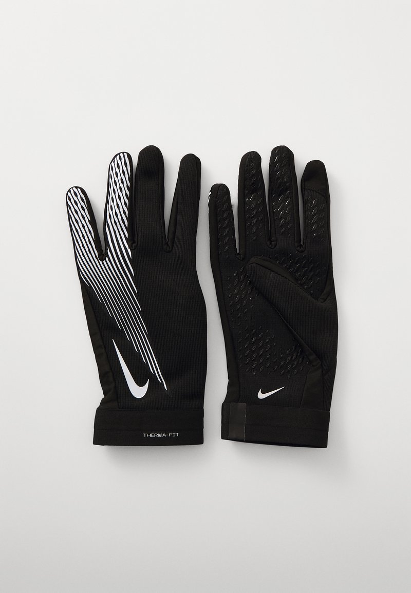 Black athletic gloves featuring a textured grip, white stripe design on one hand, and embossed accents. Made of breathable fabric with a snug fit.