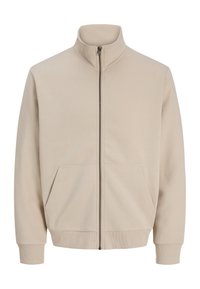 Veste beige zippée avec col montant, manches longues, poignets et ourlet côtelés, et deux poches avant.