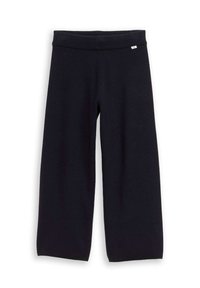 Zwarte cropped broeken met een brede tailleband, gemaakt van zachte, rekbare stof. Kenmerkt zich door een eenvoudig design zonder patronen of versieringen.