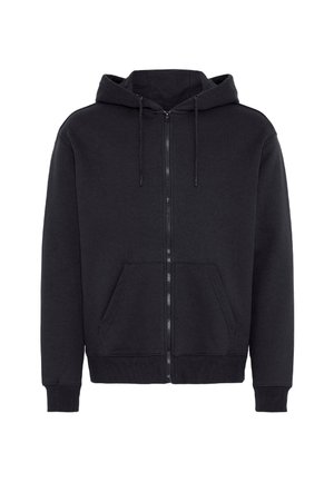 Black zip-up hoodie made of soft cotton blend, featuring a front pocket, drawstring hood, and ribbed cuffs and hem.