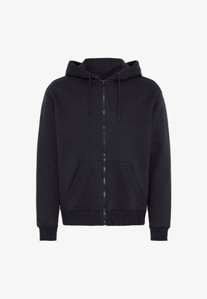 Juodas užtrauktuku užsegamas džemperis, pagamintas iš minkštos medvilnės mišinio, su priekinėmis kišenėmis, raišteliu reguliuojama kepure ir raštuotais rankogaliais bei apačia.